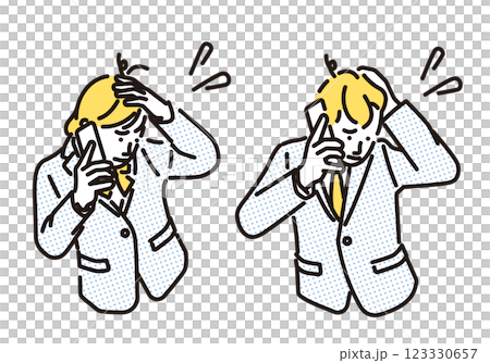 Simple illustration of male and female students panicking while talking on smartphone 123330657