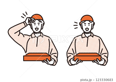 シンプル　イラスト　ピザの配達に来た男性のセット 123330683