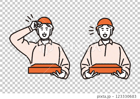 シンプル　イラスト　ピザの配達に来た男性のセット 123330683