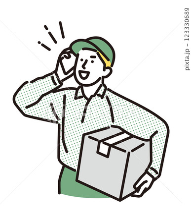 シンプル　イラスト　笑顔で電話対応する配達員の男性 123330689