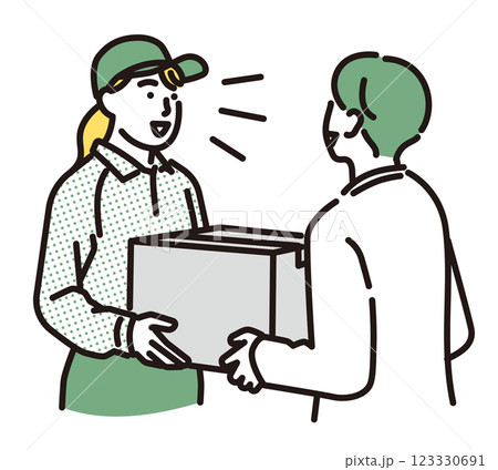 シンプル　イラスト　笑顔で荷物を手渡しする配達員の女性 123330691