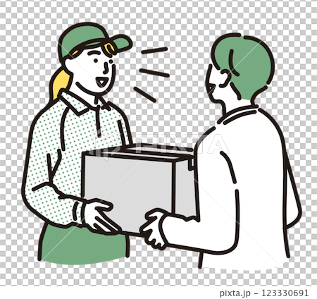 シンプル　イラスト　笑顔で荷物を手渡しする配達員の女性 123330691
