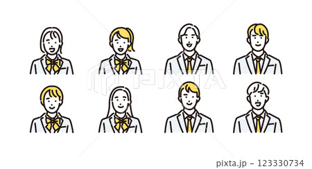 シンプル　イラスト　学生の男女の笑顔のアイコンセット 123330734