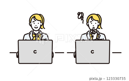 シンプル　イラスト　ノートパソコンで学習する女子高生のセット 123330735