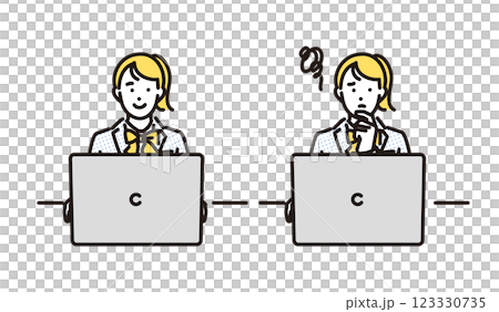 シンプル　イラスト　ノートパソコンで学習する女子高生のセット 123330735