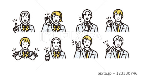 シンプル　イラスト　ポジティブな表情の学生の男女のセット 123330746