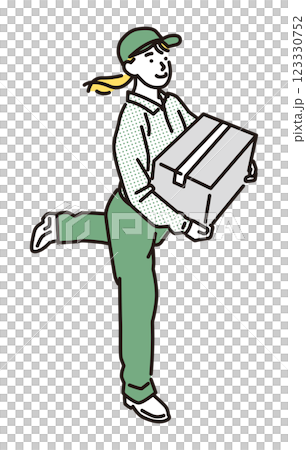 Simple illustration of a smiling delivery woman carrying a cardboard box 123330752
