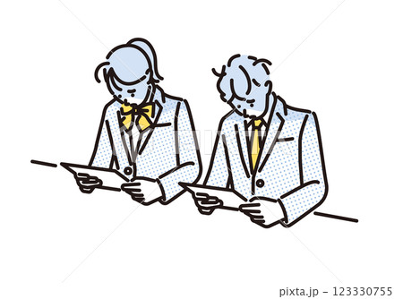 シンプル　イラスト　テストで赤点を取って落ち込む学生の男女のセット 123330755