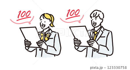 シンプル イラスト テストで100点満点を取り喜ぶ学生の男女のセット シンプル イラスト テストで100点満点を取り喜ぶ学生の男女のセット 123330758