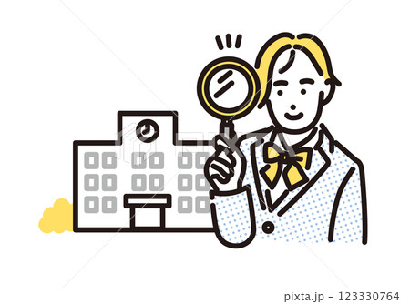 シンプル　イラスト　虫眼鏡を持って志望校を決める女子高生 123330764