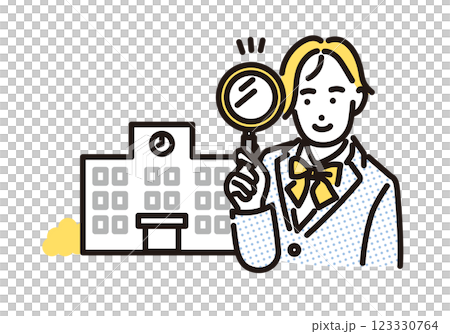 シンプル　イラスト　虫眼鏡を持って志望校を決める女子高生 123330764