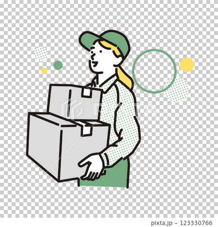 シンプル　イラスト　段ボールを運ぶ笑顔の配達員の女性 123330766