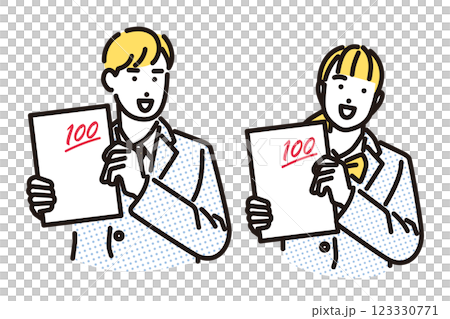 シンプル イラスト テストで100点満点を取り喜ぶ学生の男女のセット シンプル イラスト テストで100点満点を取り喜ぶ学生の男女のセット 123330771