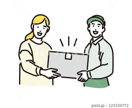 シンプル　イラスト　笑顔で荷物を手渡しする配達員の男性 123330772