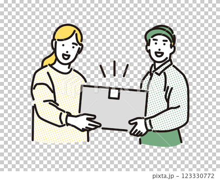 シンプル　イラスト　笑顔で荷物を手渡しする配達員の男性 123330772