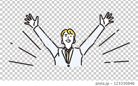 Simple illustration of a high school boy trembling with joy, raising his arms in the air 123330846