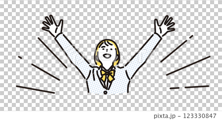 Simple illustration of a high school girl trembling with joy, raising her arms in the air 123330847
