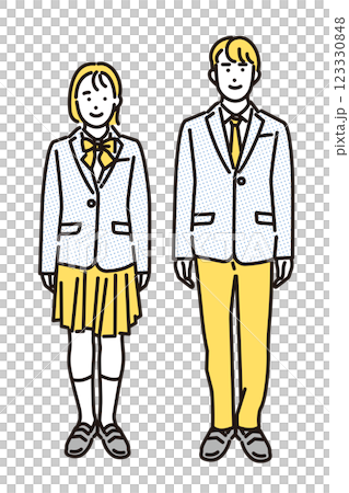シンプル　イラスト　制服を着た学生の男女の全身セット 123330848