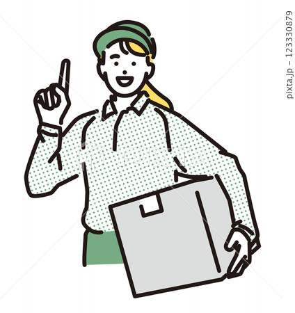 シンプル　イラスト　上を指差す笑顔の配達員の女性 123330879