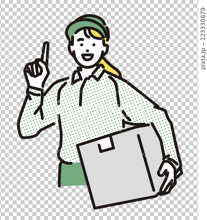 シンプル　イラスト　上を指差す笑顔の配達員の女性 123330879