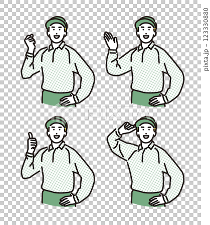 シンプル　イラスト　いろいろなポーズをとる配達員の男性セット 123330880