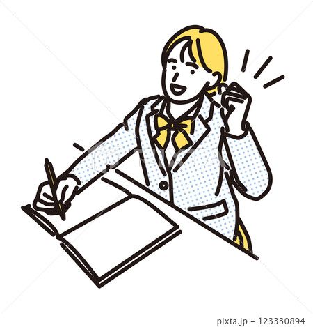 シンプル　イラスト　笑顔でガッツポーズをする勉強中の女子高生 123330894