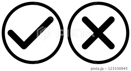 tick and x in circle, OK check mark and X cross icon symbol, black and white vector illustration isolated on a white 123330945