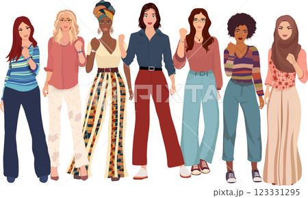 Group of multicultural women with raised fist. Diversity - inclusion - equality - girl power or empowerment concept. International women s day. Front view. Isolated Group of multicultural women with raised fist. Diversity - inclusion - equality - girl power or empowerment concept. International women s day. Front view. Isolated 123331295