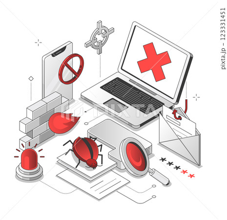 Protection against computer viruses - isometric line illustration 123331451