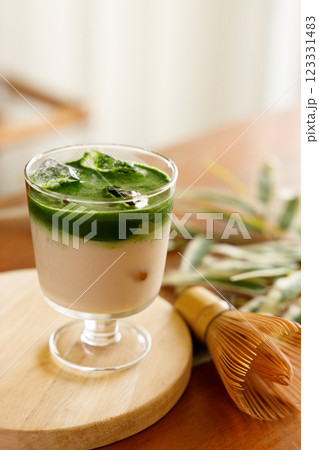 Iced matcha latte, authentic japanese matcha latte drink in a glass. 123331483