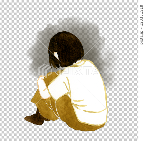 膝を抱える若い女性の後ろ姿 人物の手描き水彩イラスト素材のイラスト