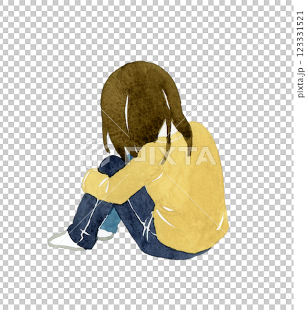 Back view of a girl (child) holding her knees Hand-drawn watercolor illustration of a person 123331521