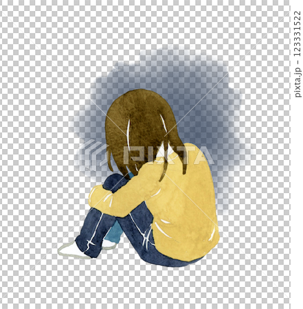 Back view of a girl (child) holding her knees Hand-drawn watercolor illustration of a person 123331522