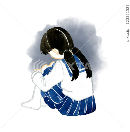 膝を抱えるセーラー服の女の子の後ろ姿　人物の手描き水彩イラスト素材 123331525