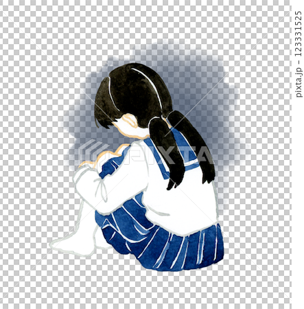 Back view of a girl in a sailor suit holding her knees Hand-drawn watercolor illustration of a person 123331525