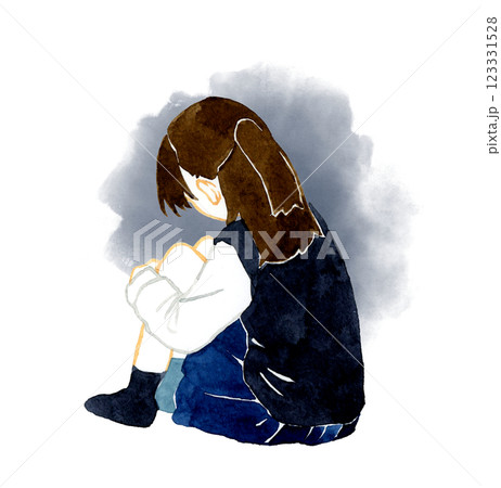 膝を抱える学生服の女の子の後ろ姿 人物の手描き水彩イラスト素材 膝を抱える学生服の女の子の後ろ姿 人物の手描き水彩イラスト素材 123331528