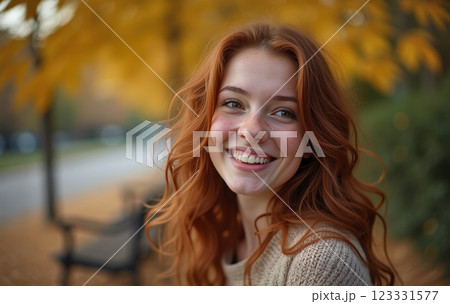 Bright smile of a young woman amidst autumn...のイラスト素材 [123331577] - PIXTA