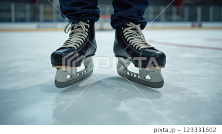 Skater gliding on ice wearing black hockey skates in indoor arena 123331602