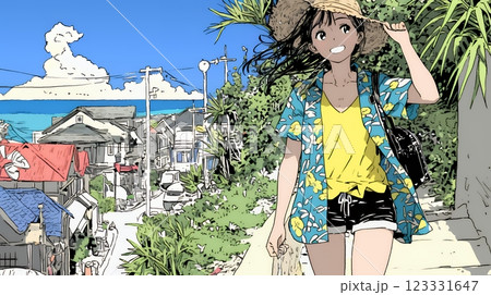 沖縄を一人旅している若い女性