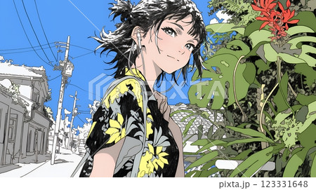 沖縄を一人旅している若い女性