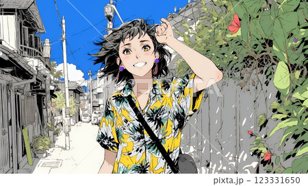 沖縄を一人旅している若い女性