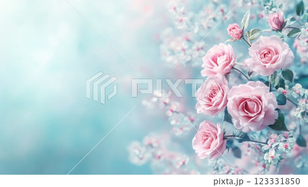 Beautiful pink rose on a pastel blue background with blurred flowers Beautiful pink rose on a pastel blue background with blurred flowers 123331850