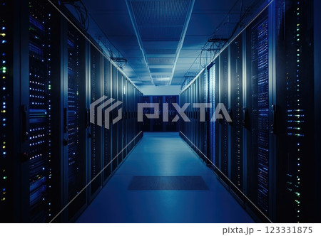 Modern server room with rows of illuminated data center machines in dark blue lighting. Modern server room with rows of illuminated data center machines in dark blue lighting. 123331875
