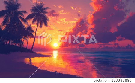 Beautiful sunset on the tropical beach with palm trees. Vibrant colorful sky. Beautiful sunset on the tropical beach with palm trees. Vibrant colorful sky. 123331889