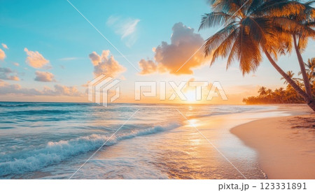 Beautiful sunset on the tropical beach with palm trees. Vibrant colorful sky. 123331891