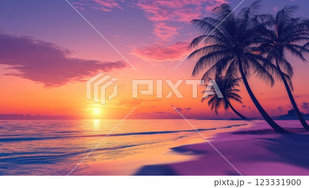 Beautiful sunset on the tropical beach with palm trees. Vibrant colorful sky. Beautiful sunset on the tropical beach with palm trees. Vibrant colorful sky. 123331900