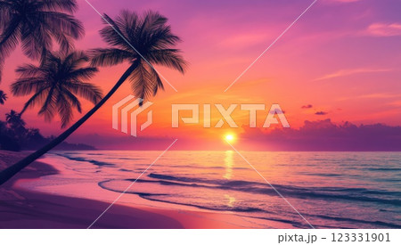 Beautiful sunset on the tropical beach with palm trees. Vibrant colorful sky. 123331901