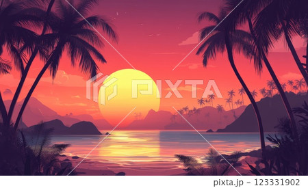 Beautiful sunset on the tropical beach with palm trees. Vibrant colorful sky. 123331902