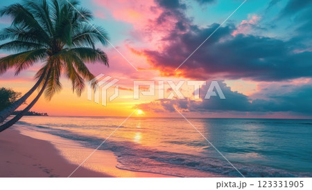Beautiful sunset on the tropical beach with palm trees. Vibrant colorful sky. Beautiful sunset on the tropical beach with palm trees. Vibrant colorful sky. 123331905