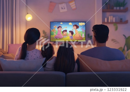 Happy family watching a cartoon on TV on sofa in living room. Happy family watching a cartoon on TV on sofa in living room. 123331922